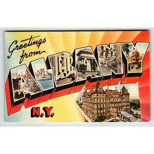Albany New York Large Letter Greetings From Postcard Linen Tichnor Unposted NY